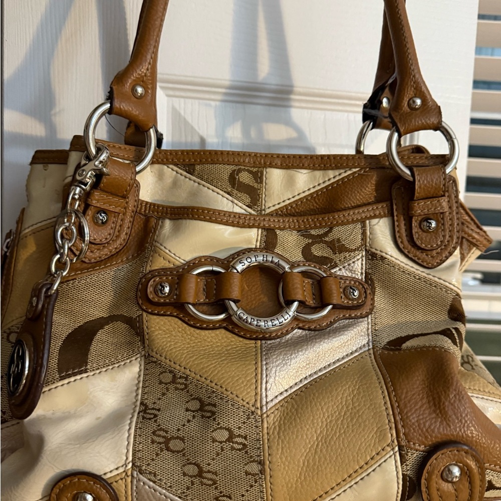 Sophia Caperelli Brown and Cream Shoulder Bag with Patchwork Design